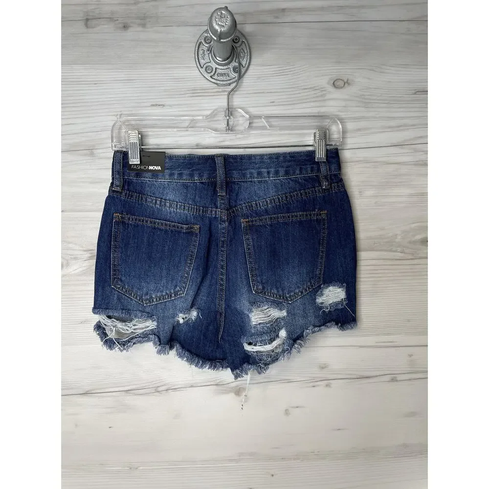 Fashion Nova Shorts Womens Small Dark Denim Distressed Frayed High‎ Rise Cutoff